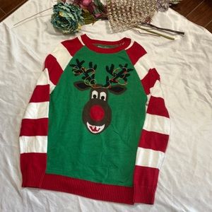 Festive Green and Red Reindeer Sweater